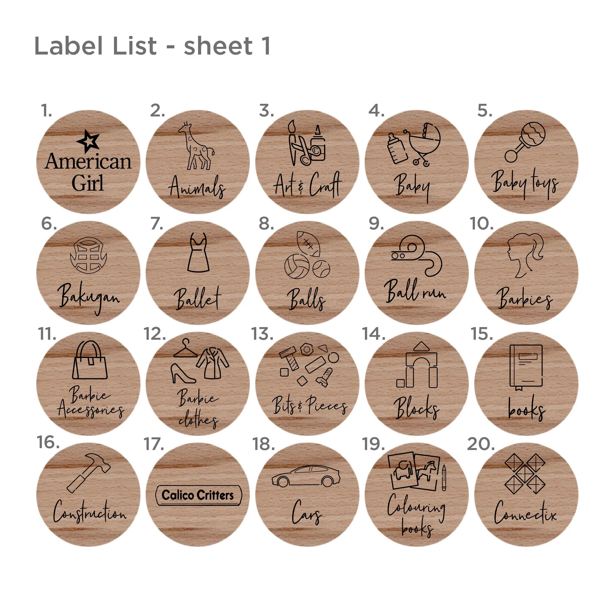 Toy Storage Labels with Illustrations for Ikea Trofast Wood
