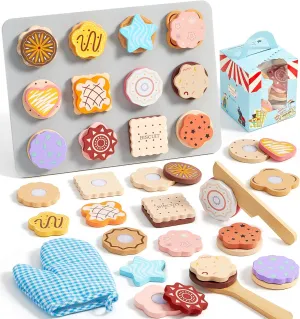 Toyssa Wooden Cookie Play Food Set for Kids Kitchen, Pretend Play Toy Food for Toddlers 1-3 with 12 Cookies & Accessories & Gift Boxes, Kids Baking Set Christmas Birthday Gift for Girls Boys 3 4 5 6