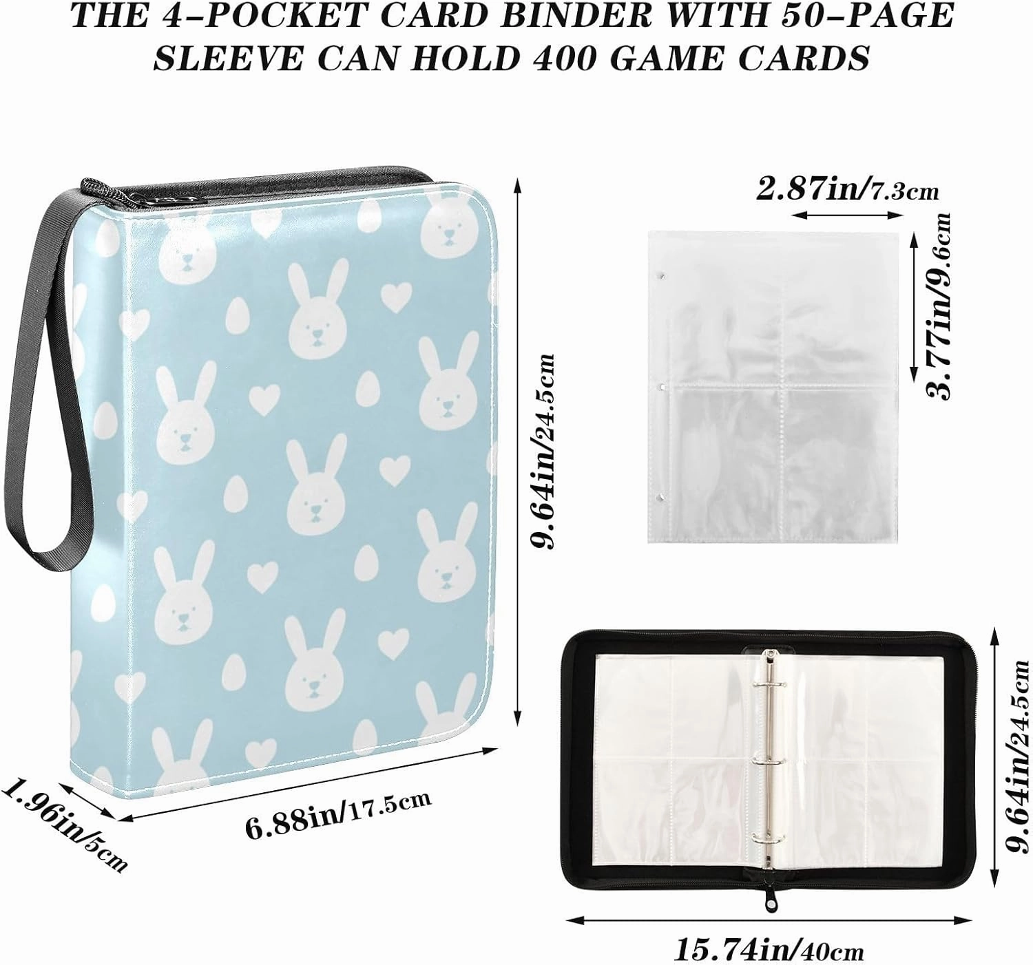 Trading Card Binder PU Leather Card Collection Binder 4 Pocket Baseball Football Sports Card Holder Album Book Storage for 400 Cards Easter Bunny