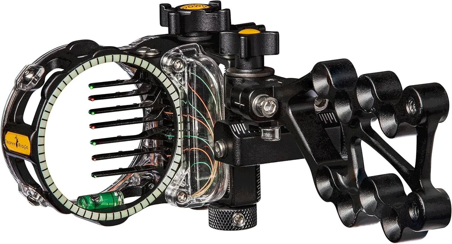 Trophy Ridge React Pro 7 Pin Archery Bow Sight - Tool Less Windage and Elevation Adjustability, 2nd/3rd Axis Leveling, Adjustable Click Light, Glow Ring, Right Hand, 0.010 Pin