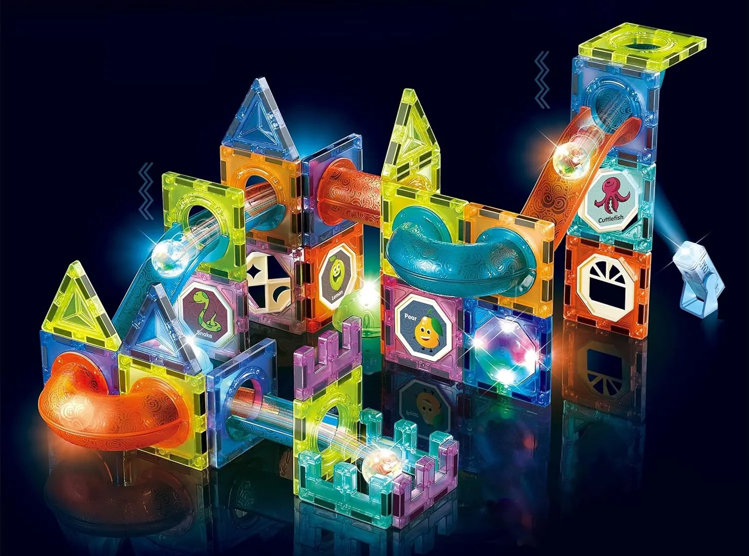 Unique Kids Magnetic Tiles Building Blocks with Marble Run - Engaging STEM/STEAM Toys for Boys and Girls - Perfect Christmas or Birthday Gift (75 pcs)