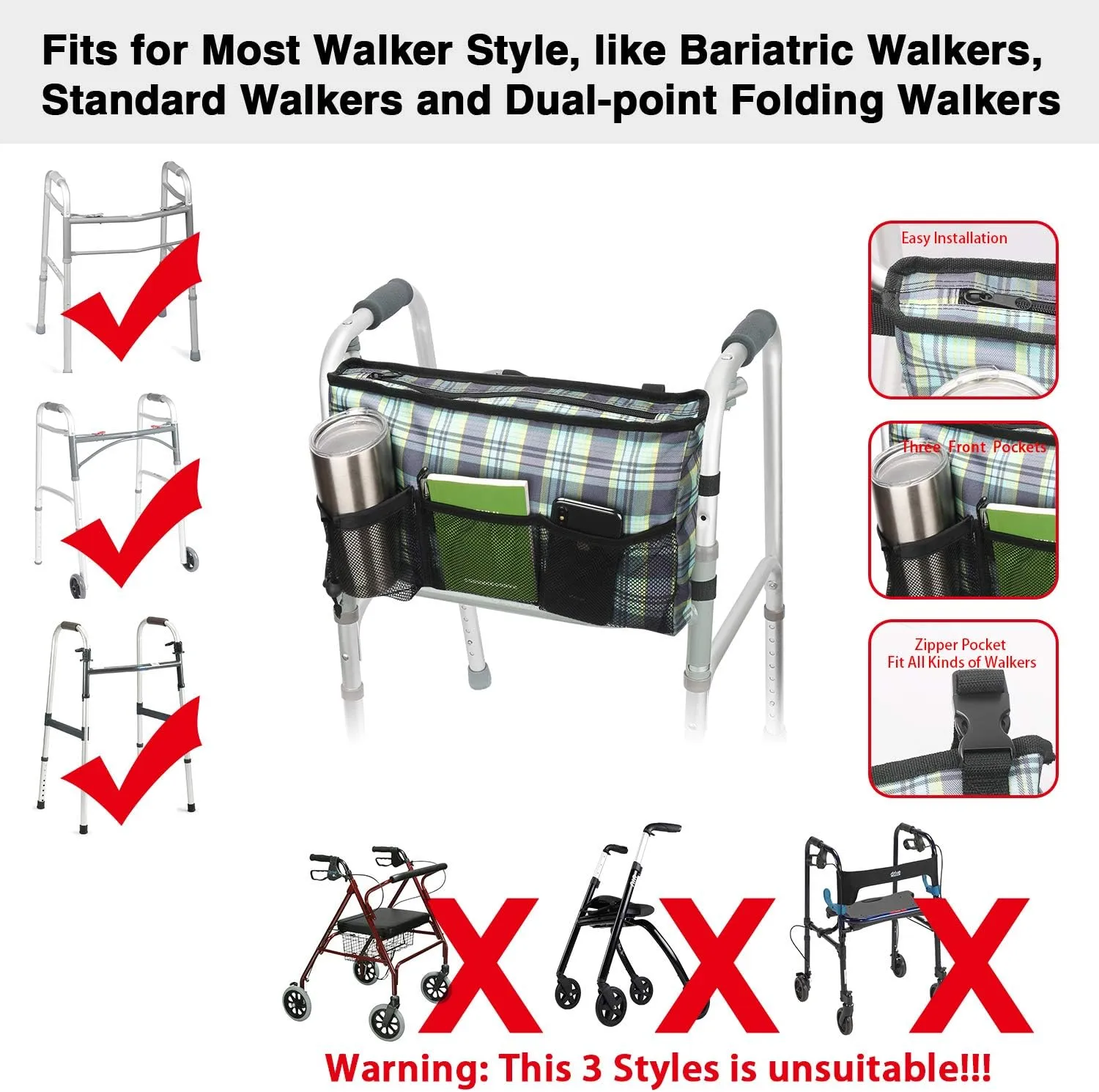 Update Walker Bag Hand Free Storage Bag Walker Attachment Handicap Basket Pouch for Rollator, Wheelchair, Folding Walkers (Colorful-Green)