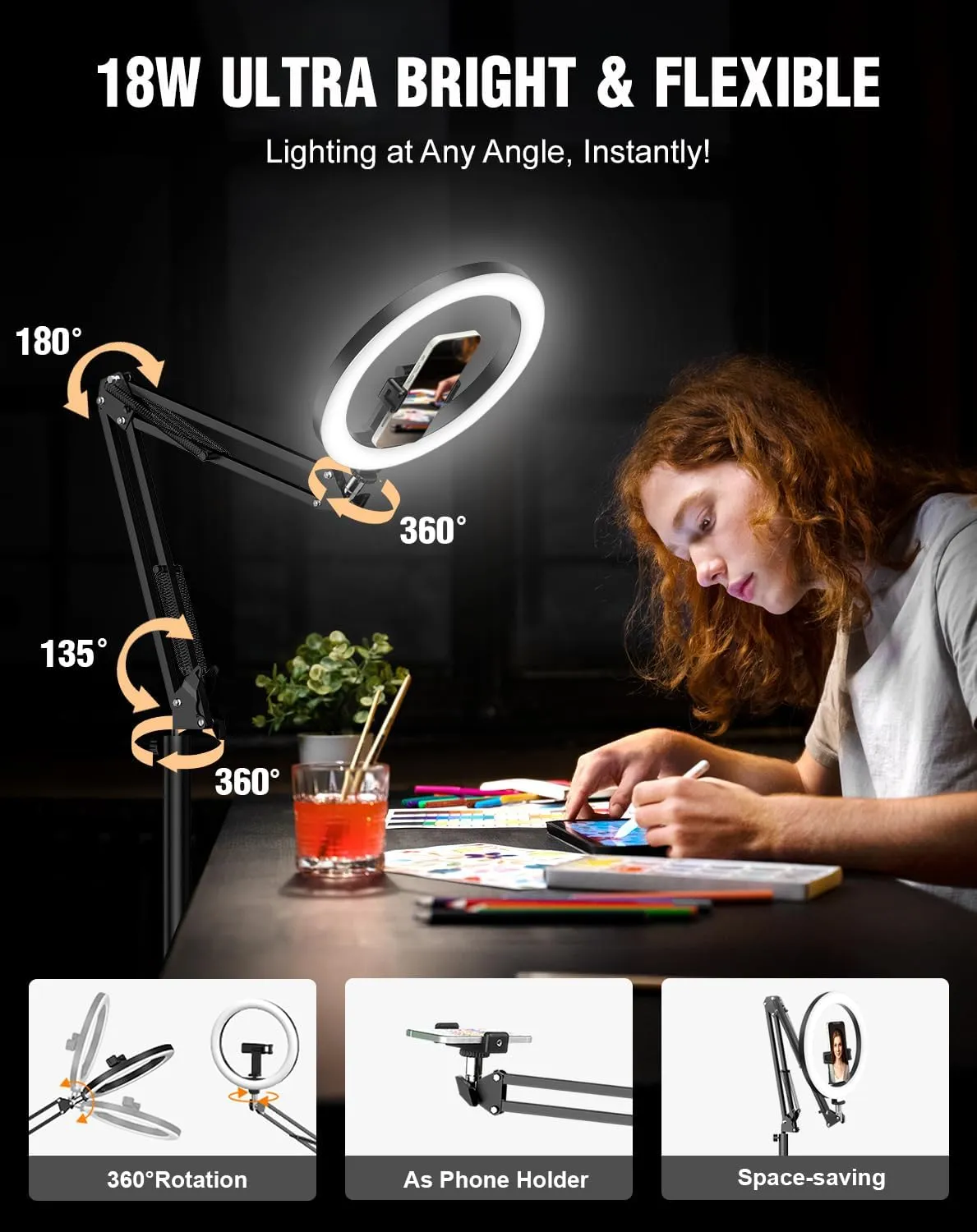 Upgrade 18W Ring Light with Stand Tripod for iPhone, 10” Ultra Bright Overhead Phone Camera Mount Circle Light with Remote Control for Video Recording,Content Creation,Streaming,TikTok,YouTube