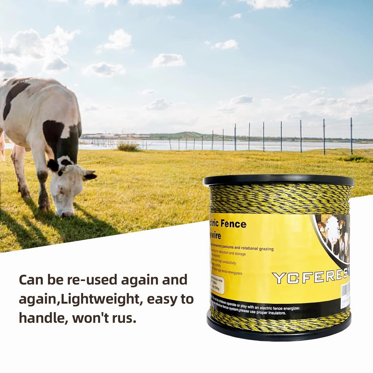 Upgraded Electric Fence Polywire 3366 Feet 1026 Meters, 6 Stainless Steel Strands for Reliable Conductivity and Rust Resistance, Portable Electric Fencing,UV, Rust Resistant