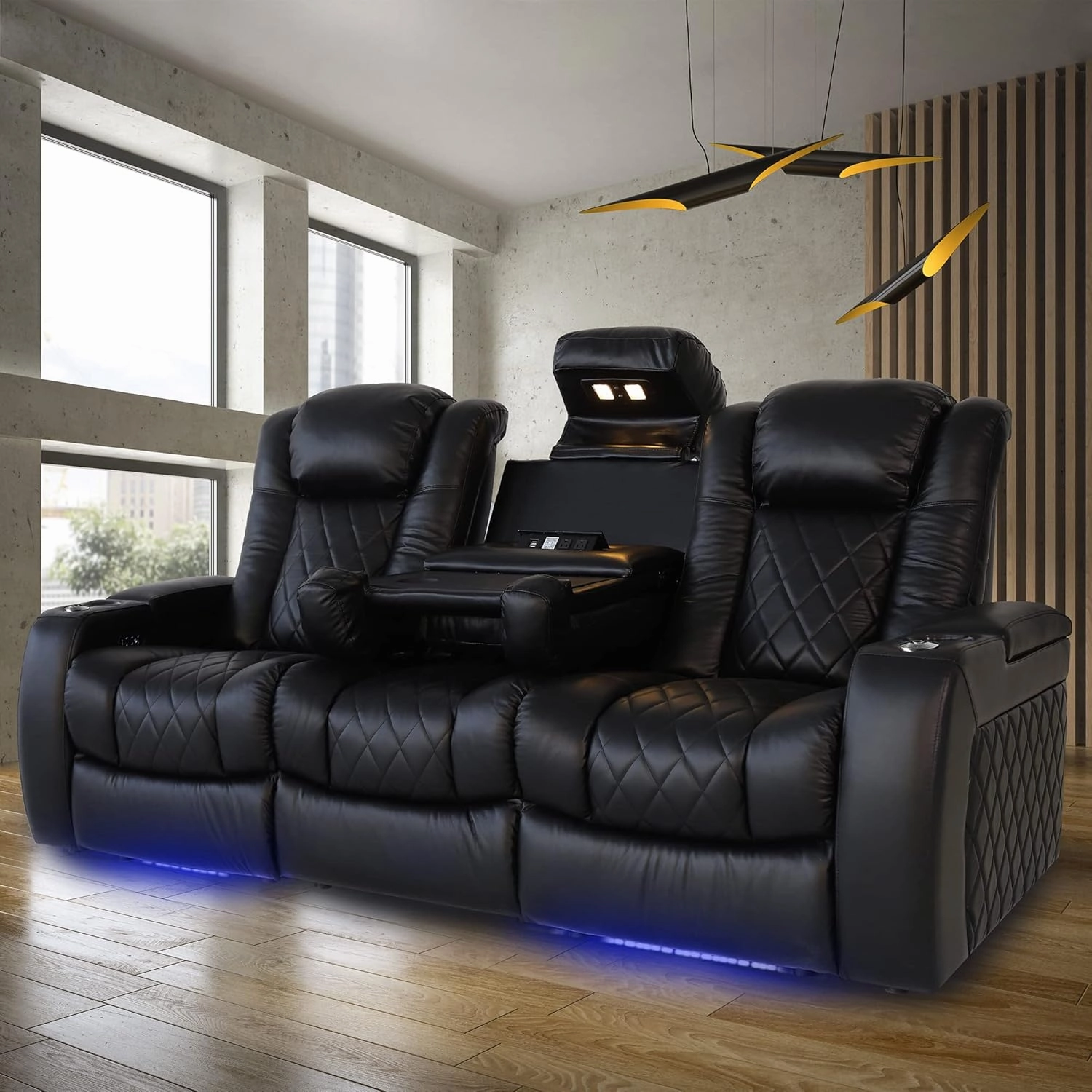 Valencia Tuscany Home Theater Seating | Premium Top Grain Italian Nappa 11000 Leather, Power Headrest, Power Lumbar Support, with Center Drop Down Console (Row of 3, Black)