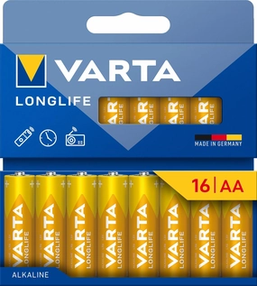 Varta Batteries AA Pack of 16, Longlife, Alkaline, 1.5 V, Ideal for Remote Controls, Alarm Clocks, Radios, Wall Clocks, 90% Recycled Packaging, Made in Germany