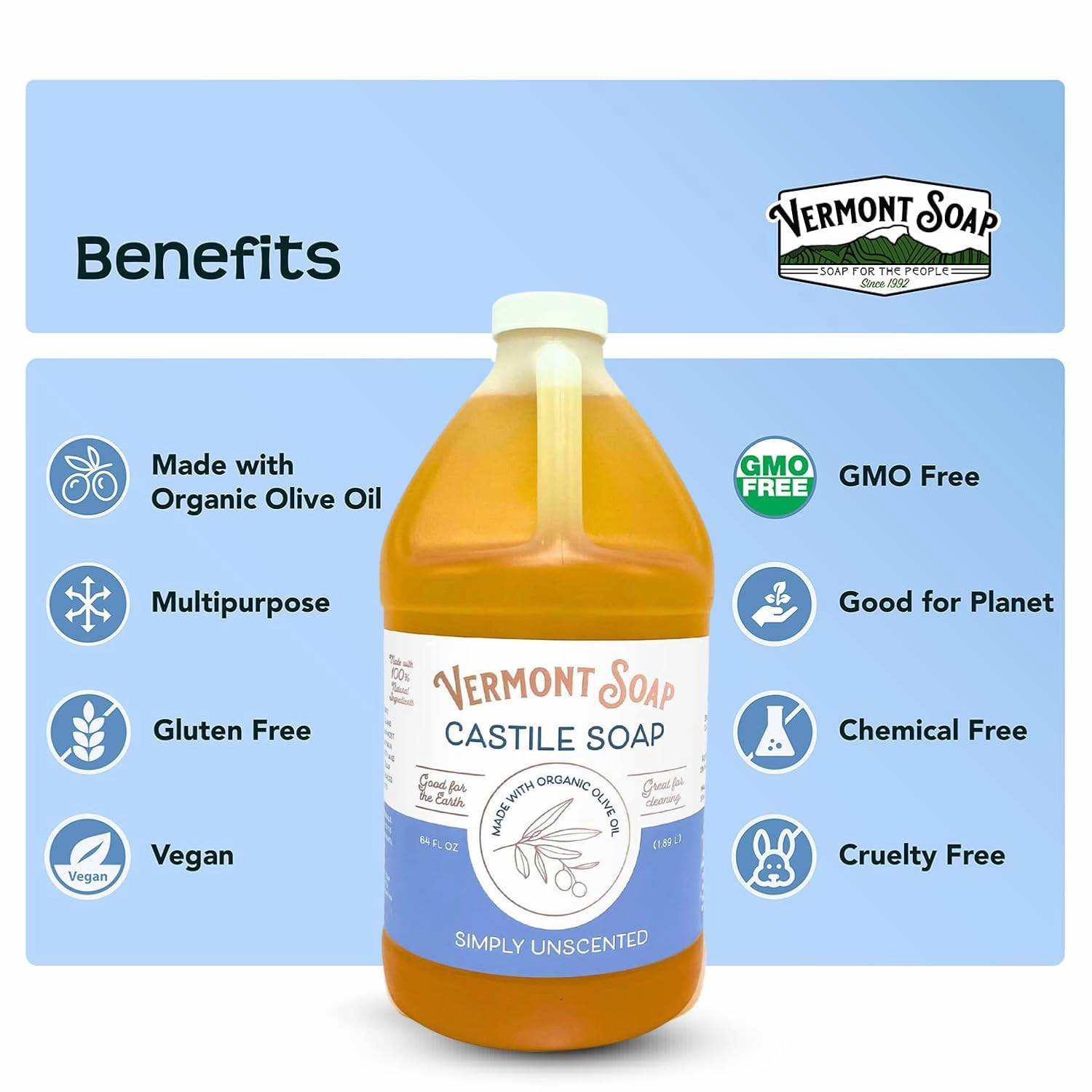 Vermont Castile Soap Unscented, Gentle Liquid Soap for Sensitive Skin & Natural Body Wash, Organic Hair Shampoo for Oily Hair, Aloe Castile Soap for Men & Women - 64 Oz