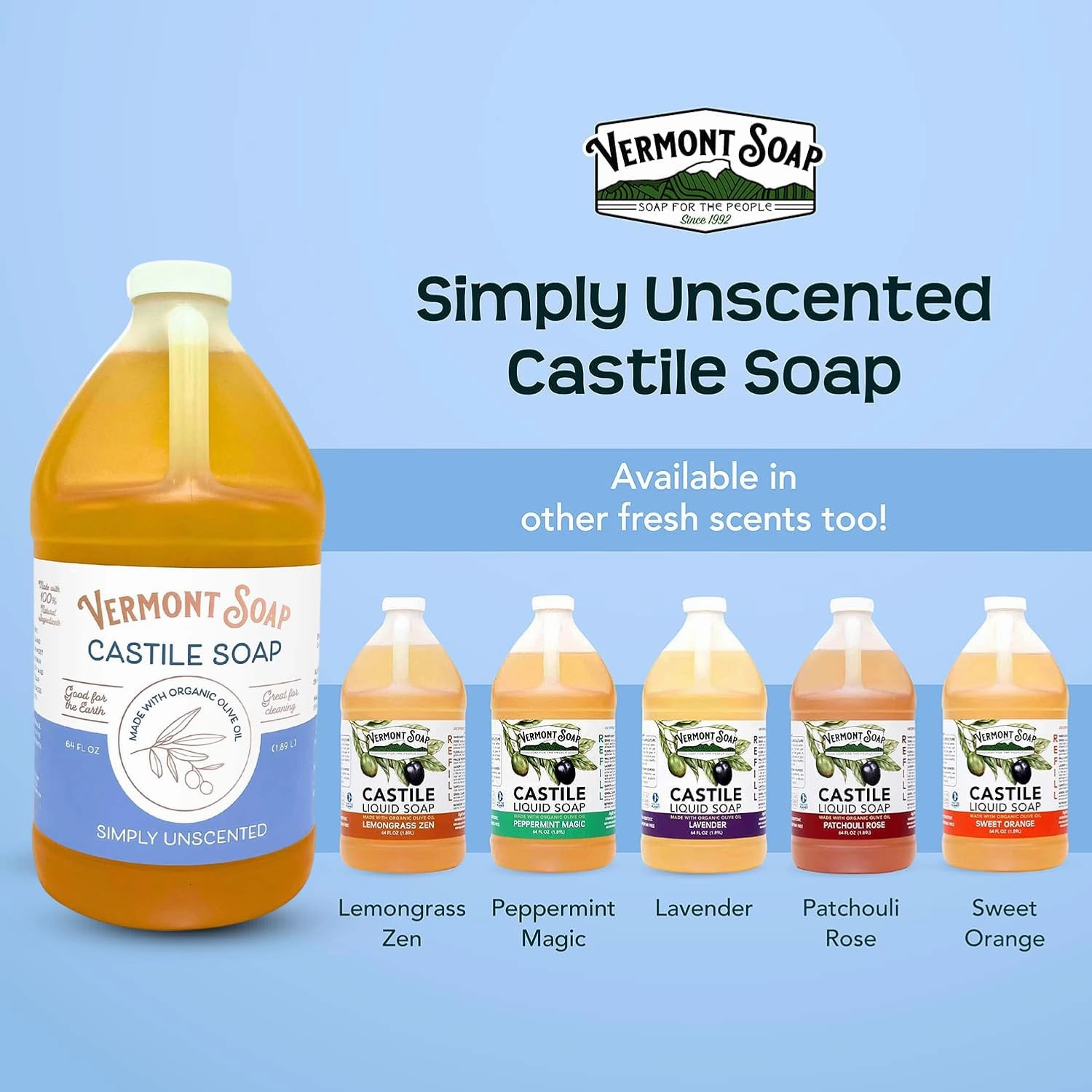 Vermont Castile Soap Unscented, Gentle Liquid Soap for Sensitive Skin & Natural Body Wash, Organic Hair Shampoo for Oily Hair, Aloe Castile Soap for Men & Women - 64 Oz