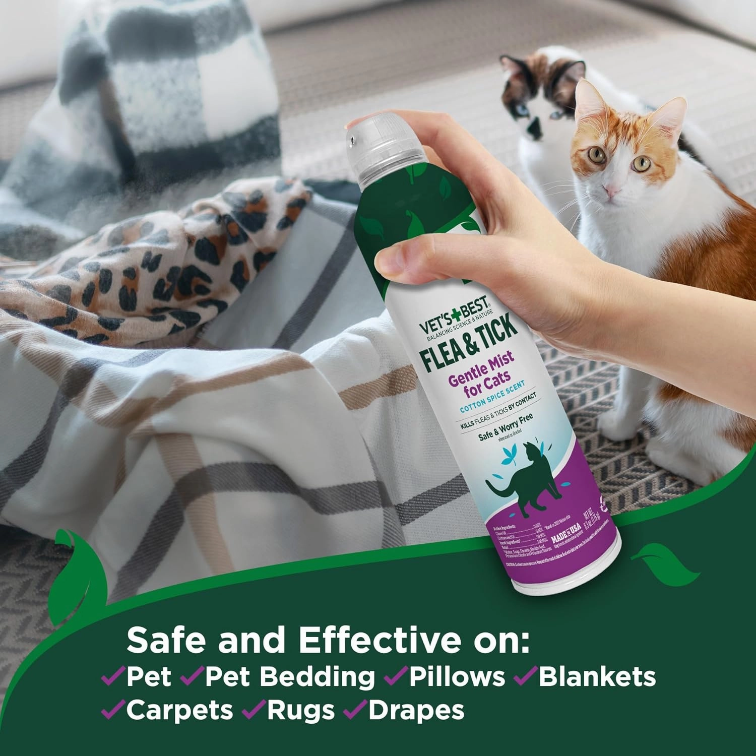 Vet’s Best Flea and Tick Gentle Mist for Cats – Cotton Spice Scent – Plant-Powered Flea and Tick Prevention – Pest Protection for Pets – Gentle Spray – 6.3oz