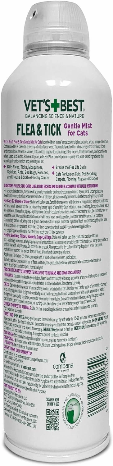 Vet’s Best Flea and Tick Gentle Mist for Cats – Cotton Spice Scent – Plant-Powered Flea and Tick Prevention – Pest Protection for Pets – Gentle Spray – 6.3oz