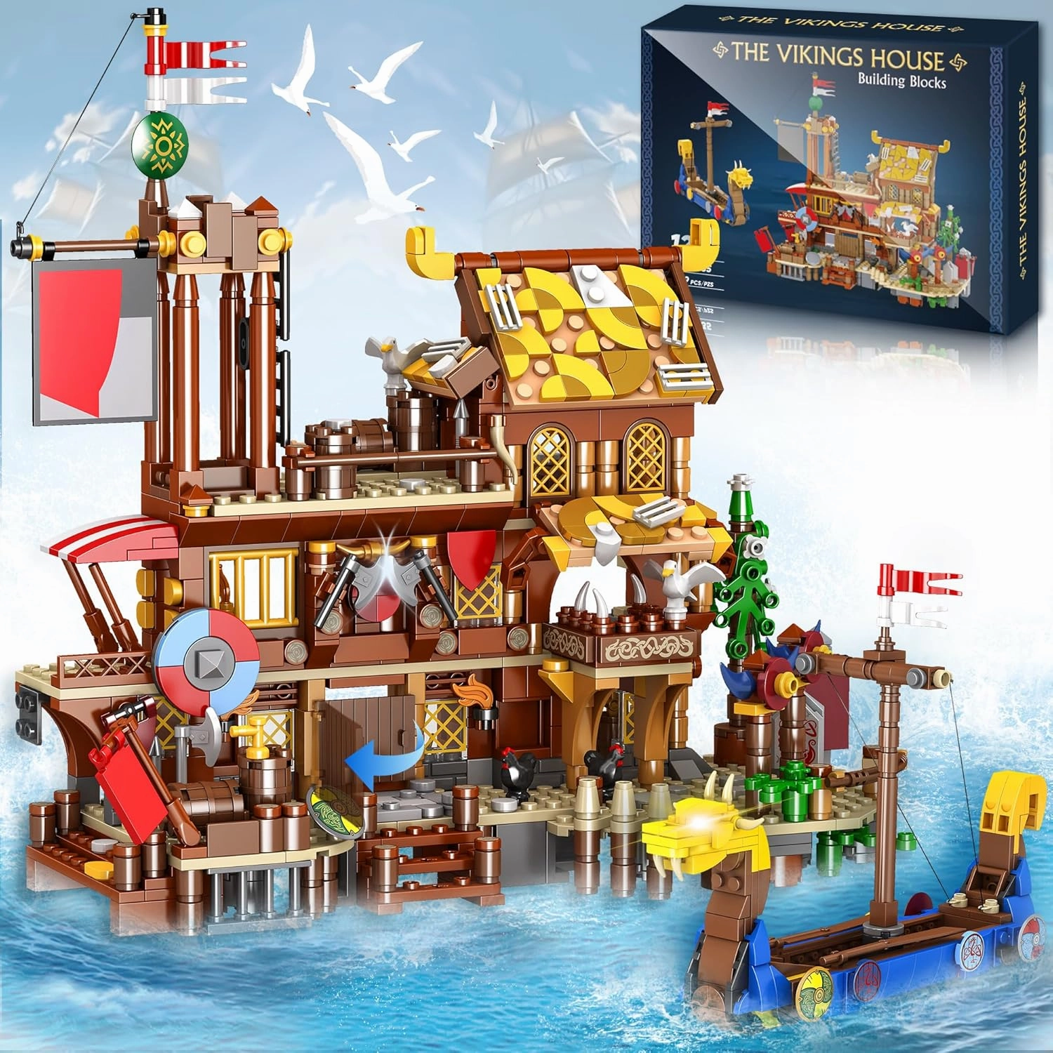 Viking Pirate Ship House Building Block for Boys age 12-14, Friend Medieval Viking Village Building Set with Dragon Head Ship, Architecture Building Block Gifts for Adult and Kids Age 12 , 1039Pcs