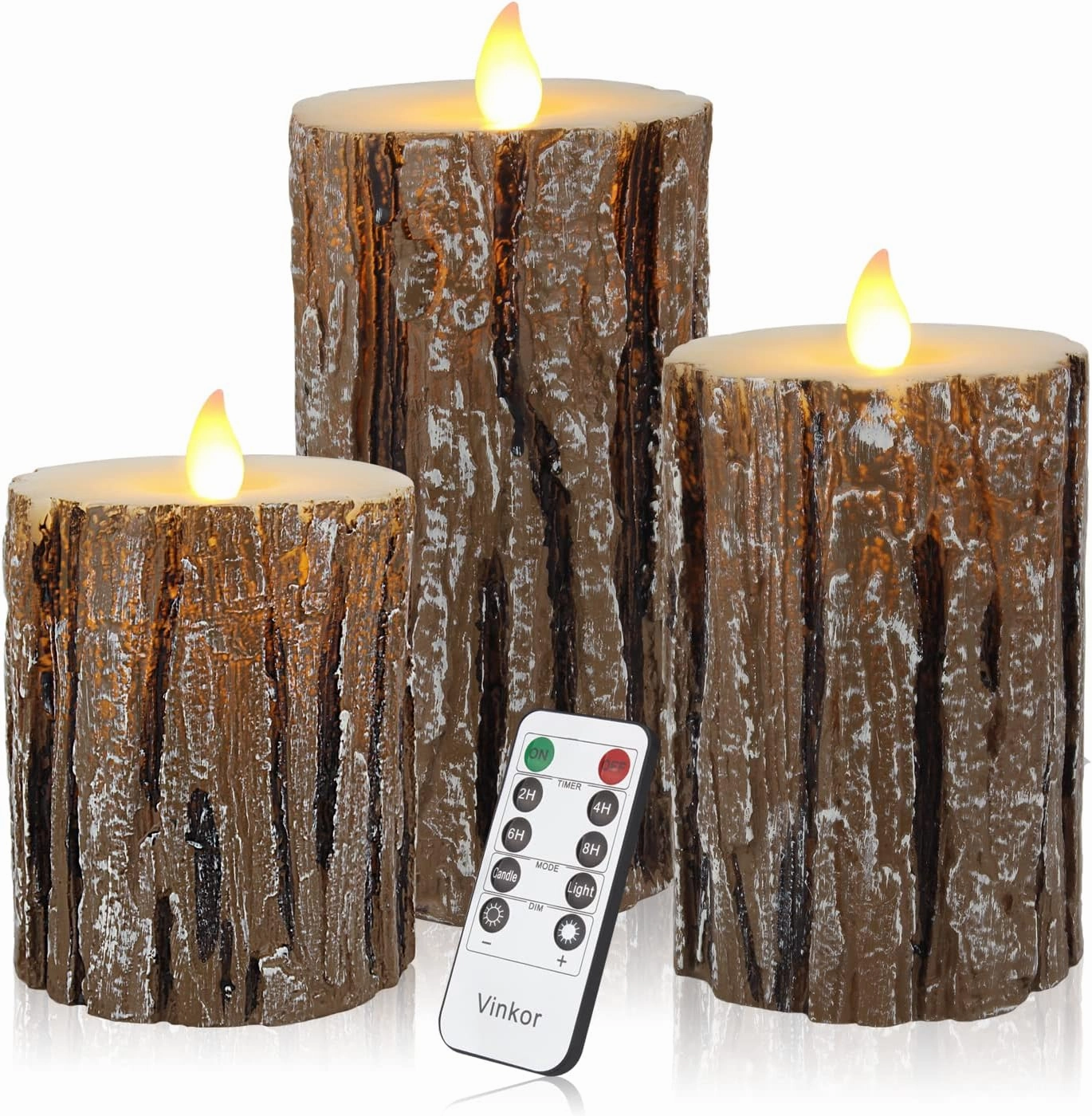 Vinkor Flameless Candles Battery Operated Candles Real Wax Pillar LED Candles with 10-Key Remote and Cycling 24 Hours Timer (Birch Effect 4" 5" 6")