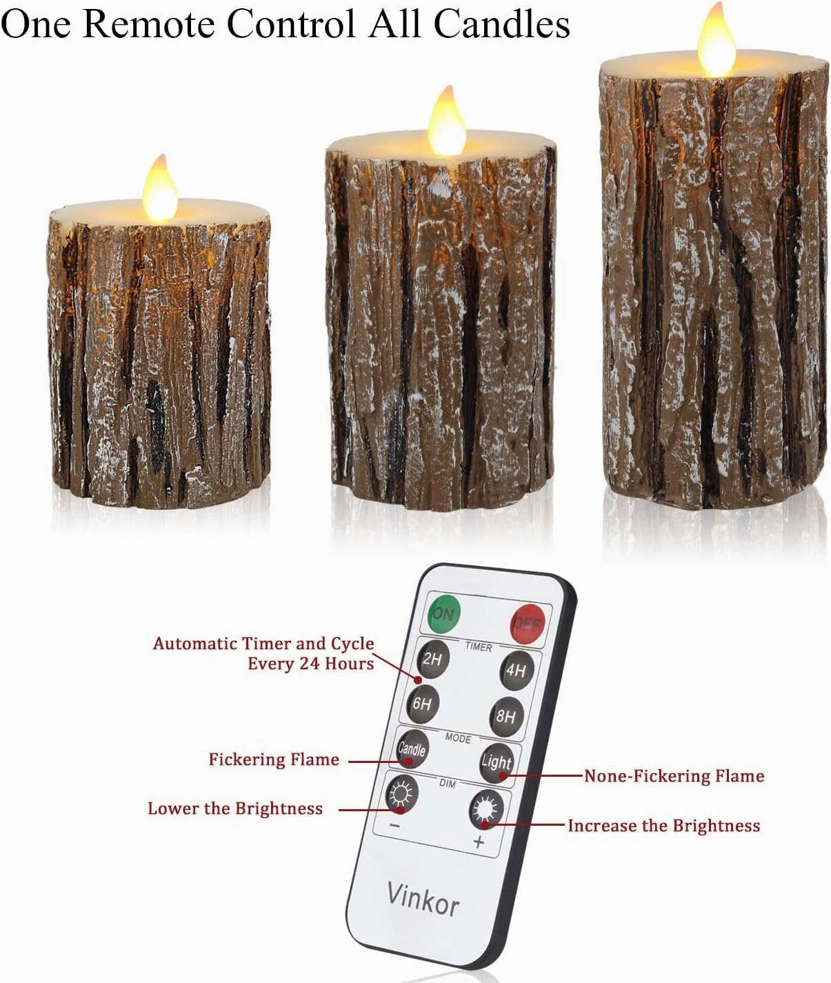 Vinkor Flameless Candles Battery Operated Candles Real Wax Pillar LED Candles with 10-Key Remote and Cycling 24 Hours Timer (Birch Effect 4" 5" 6")