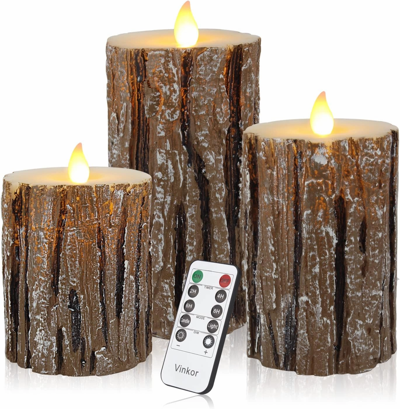 Vinkor Flameless Candles Battery Operated Candles Real Wax Pillar LED Candles with 10-Key Remote and Cycling 24 Hours Timer (Birch Effect 4" 5" 6")