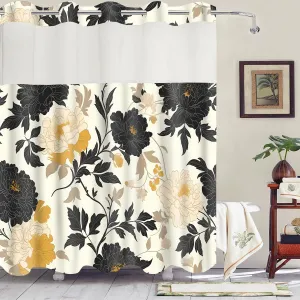 Vintage Brown Boho Floral No Hook Shower Curtain with Snap in Fabric Liner Set Bohemia Abstract Leaves Fabric Cloth Shower Curtain for Rustic Vintage Hotel Spa Bathroom Decor 71x74in