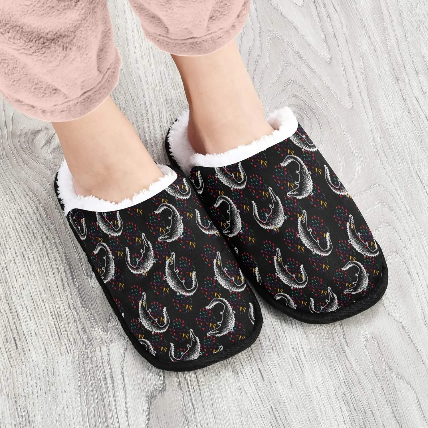visesunny Black Crocodile Animal Slippers for Women Mens Winter Warm Memory Foam Cotton Home Slippers Soft Plush Fleece Slip on House Slippers for Girls Indoor Outdoor Shoes