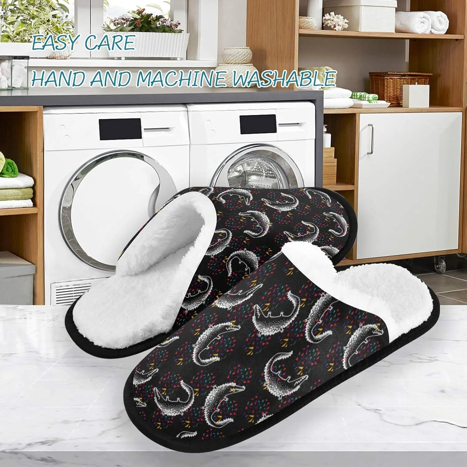 visesunny Black Crocodile Animal Slippers for Women Mens Winter Warm Memory Foam Cotton Home Slippers Soft Plush Fleece Slip on House Slippers for Girls Indoor Outdoor Shoes