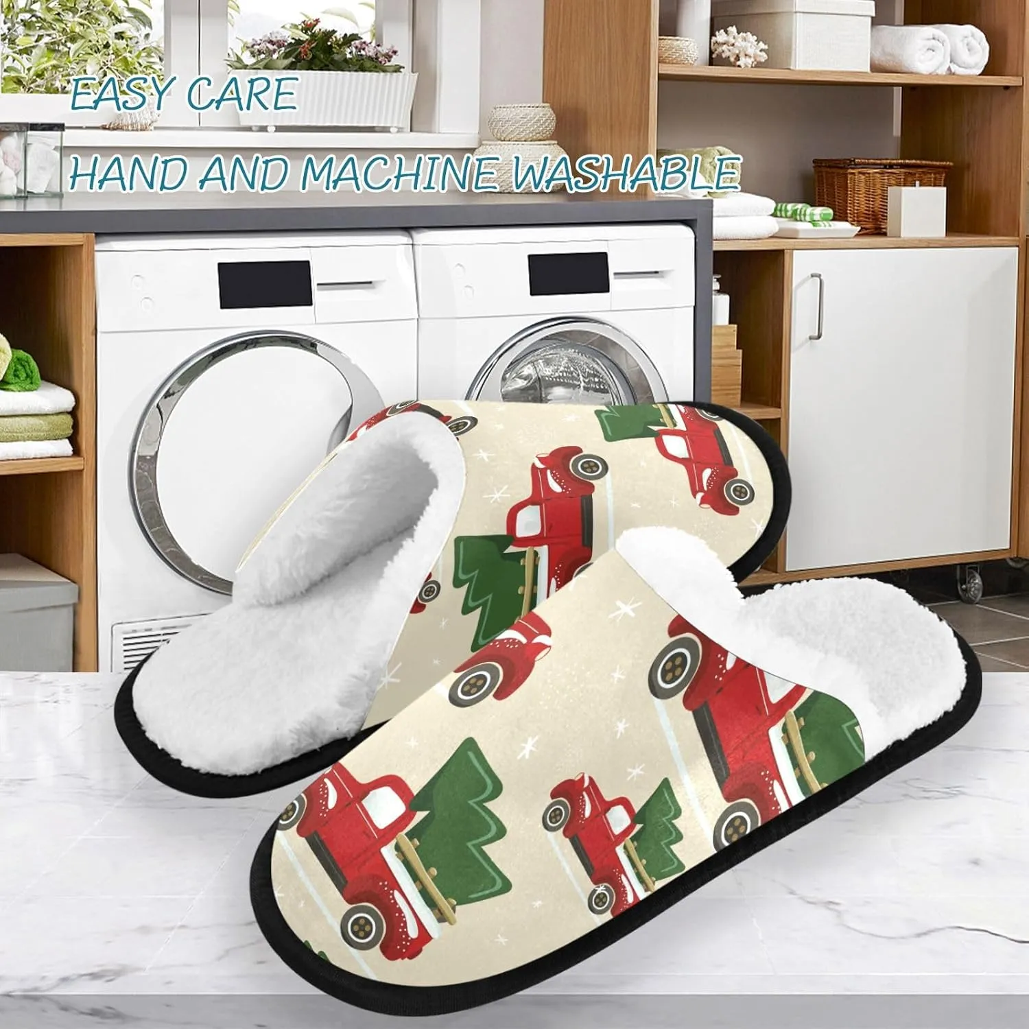 visesunny Christmas Pickup Truck with Spruce Tree Cozy Fuzzy Mens Womens Memory Foam House Slippers Plush Fleece