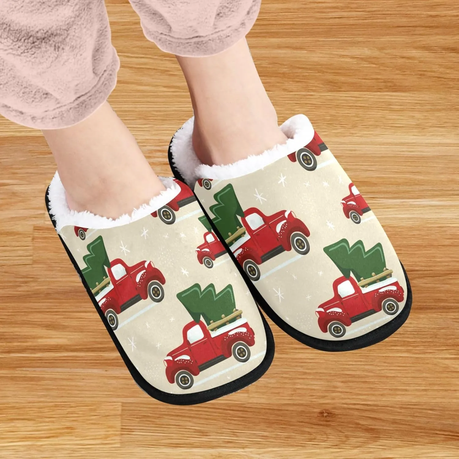 visesunny Christmas Pickup Truck with Spruce Tree Cozy Fuzzy Mens Womens Memory Foam House Slippers Plush Fleece