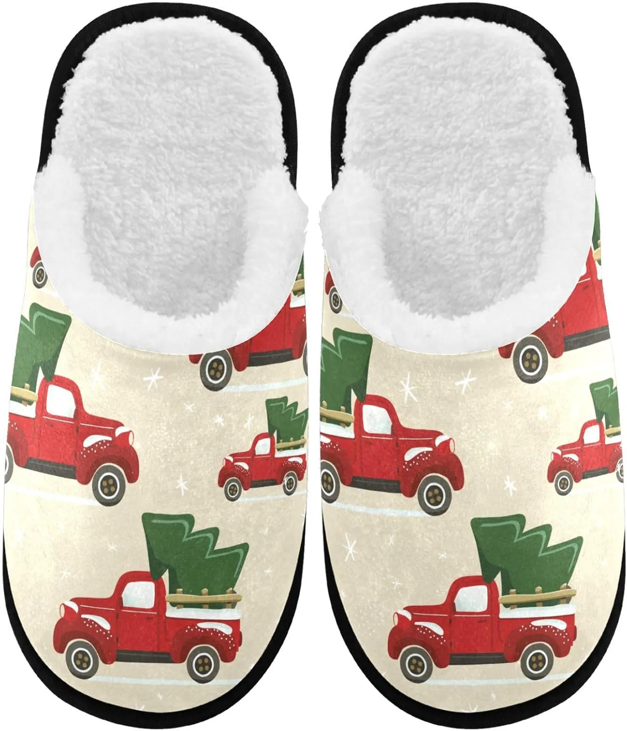 visesunny Christmas Pickup Truck with Spruce Tree Cozy Fuzzy Mens Womens Memory Foam House Slippers Plush Fleece