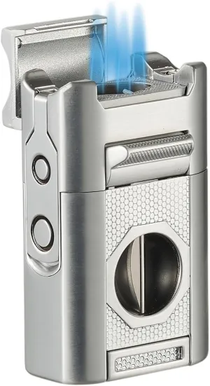 Visol Joplin Quad Torch Multi-Tool Table Lighter, Built in Guillotine and Wedge Cutters, Butane Refillable Adjustable Flame Lighter (Shipped Without Butane) (Silver)