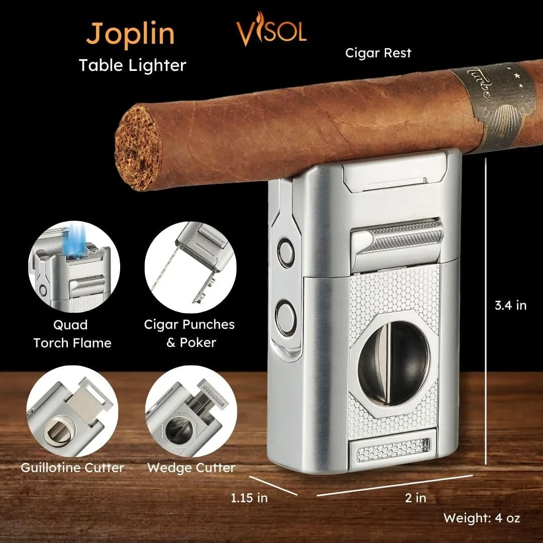 Visol Joplin Quad Torch Multi-Tool Table Lighter, Built in Guillotine and Wedge Cutters, Butane Refillable Adjustable Flame Lighter (Shipped Without Butane) (Silver)