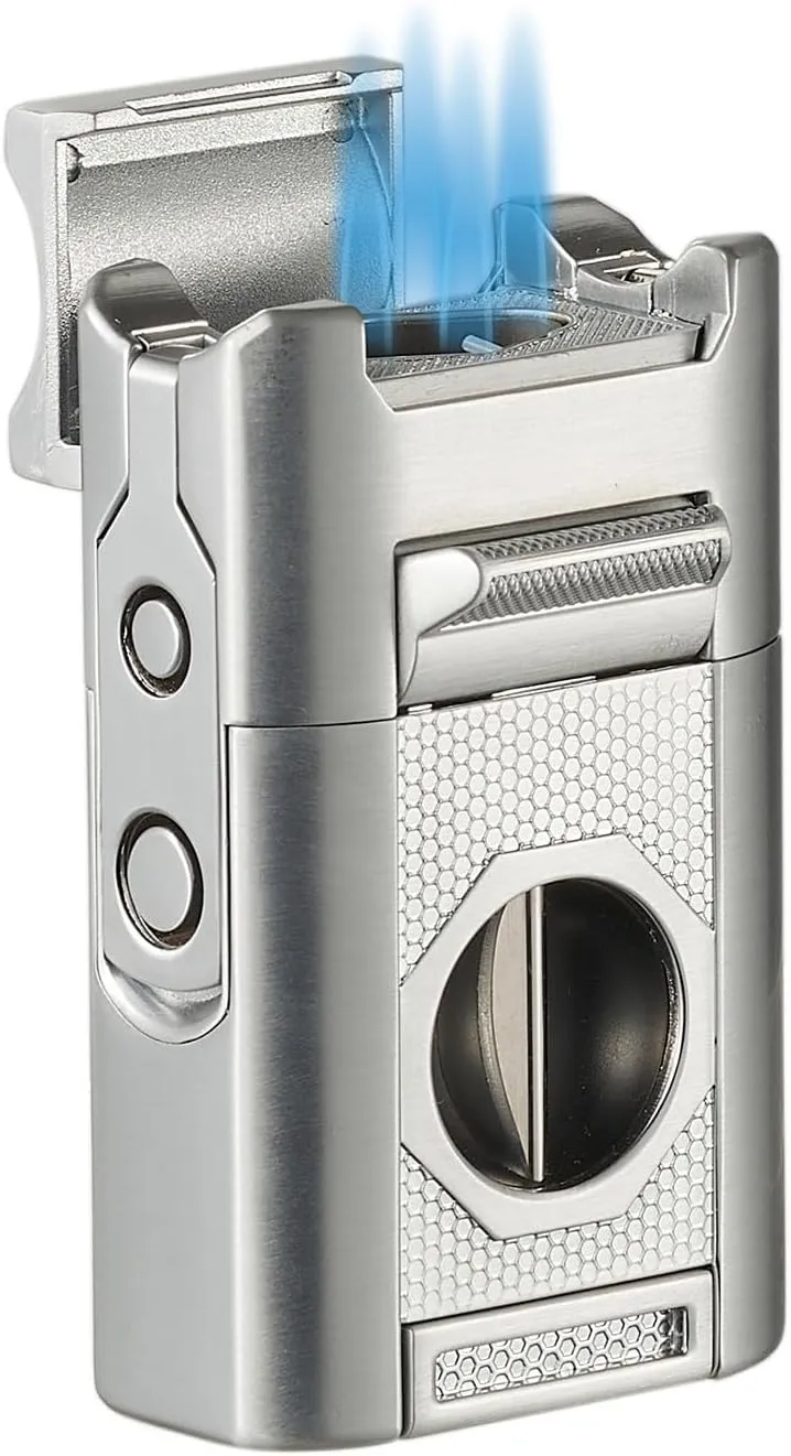 Visol Joplin Quad Torch Multi-Tool Table Lighter, Built in Guillotine and Wedge Cutters, Butane Refillable Adjustable Flame Lighter (Shipped Without Butane) (Silver)