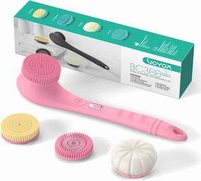 VOYOR Electric Body Brush Back Scrubber Silicone Body Scrubber Two-Way Rotating Brush Head for Deep Cleaning, Exfoliation, 4 Attachments Long Handle IPX6 Rechargeable Shower Brush BC300 (Pink)