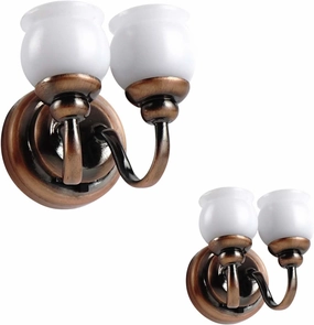 Waldosia 2PCS 1:12 Scale Dollhouse Miniature LED Double-Head Wall Sconces – Vintage Brass-Style Lights for Mini Rooms, Dioramas, or Book Nooks (Copper)
