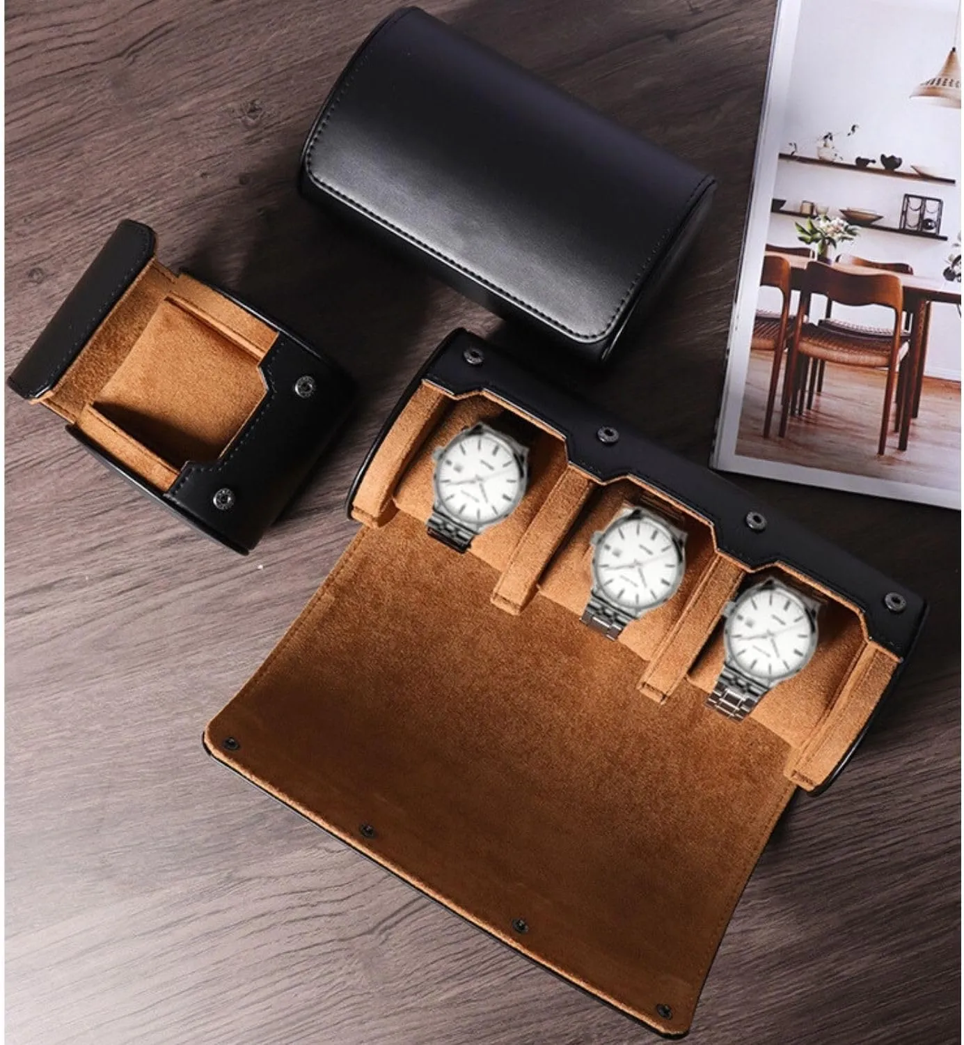 Watch Travel Case Portable Organizer - Luxury Watch Roll Travel Box Recycled Leather Watch Storage and Display for Men and Women (WCASE-3-BLACK)