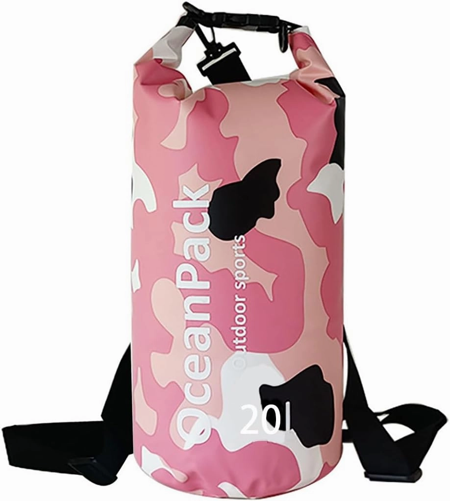 Waterproof Dry Bag 5L/10L/20L for men- PVC Material, Camo Design, Single/Dual Shoulder Straps for Kayaking, Swimming, Beach, Boating & Outdoor Activities (PINK CAMO, 20L)