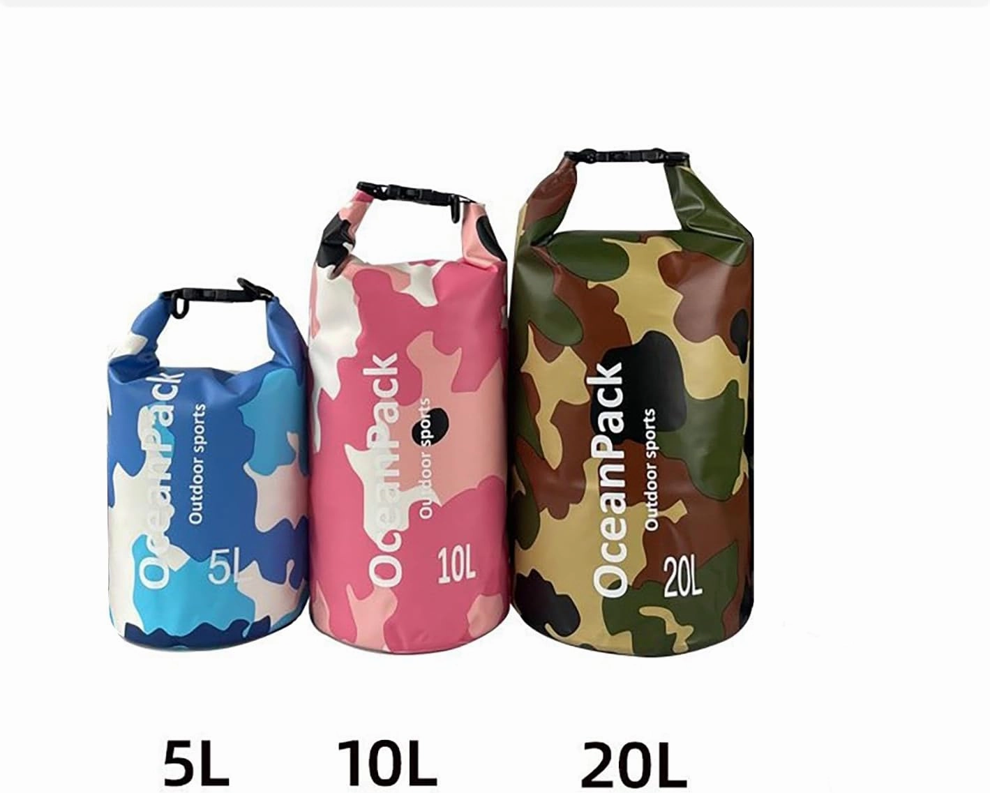 Waterproof Dry Bag 5L/10L/20L for men- PVC Material, Camo Design, Single/Dual Shoulder Straps for Kayaking, Swimming, Beach, Boating & Outdoor Activities (PINK CAMO, 20L)