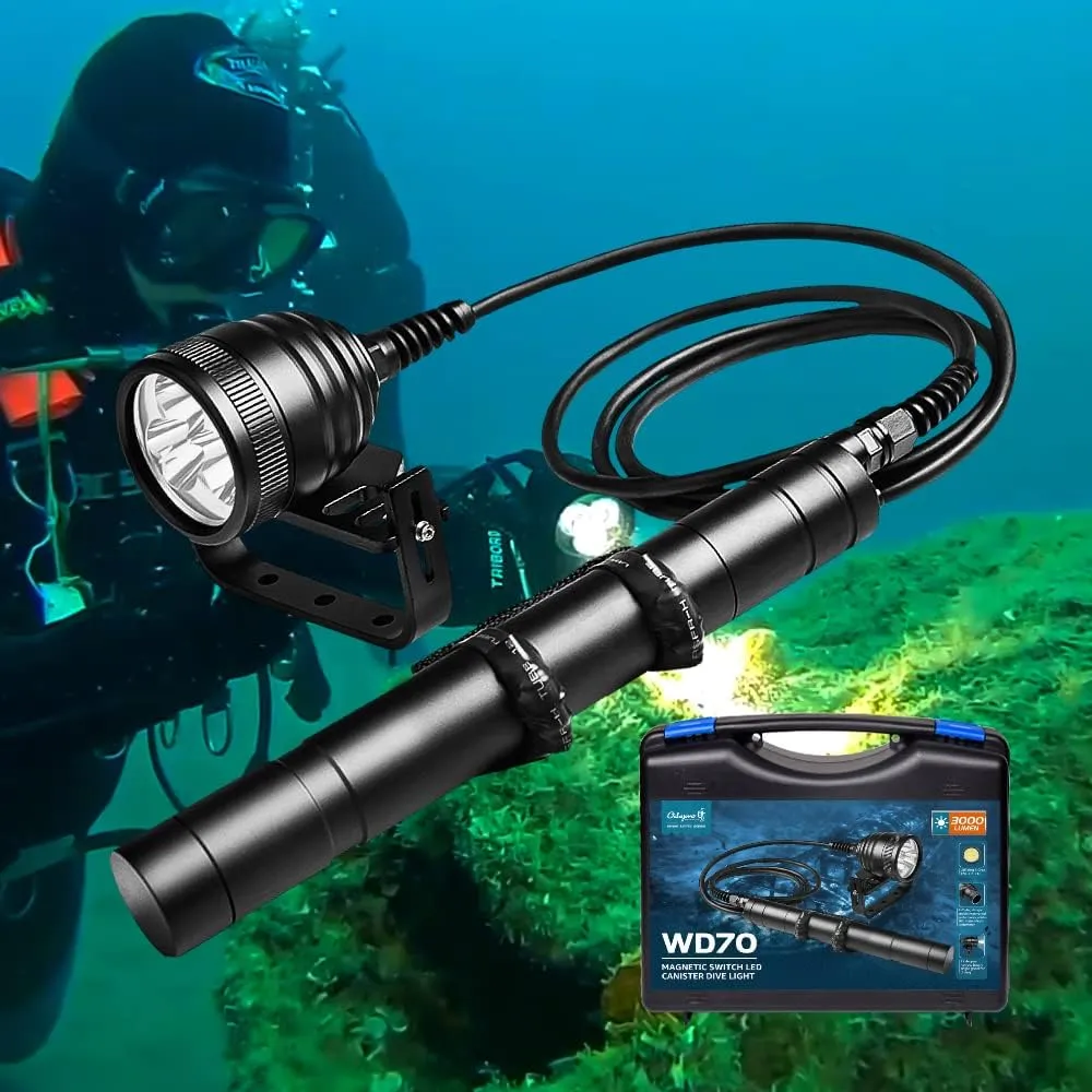 WD70 Canister Dive Light - 3000 Lumens Ultra-Bright Technical Diving Flashlight Kit with Adjustable Goodman Handle, 5 Light Modes for Underwater Cave, Wreck, and Deep Sea Diving
