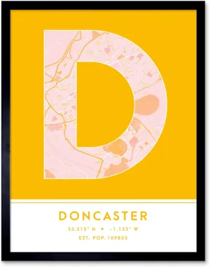 Wee Blue Coo Doncaster England United Kingdom City Map Yellow Colour Block Modern Typography Stylish Letter Framed Word Wall Art Print Poster for Home Décor CITYMAP1
