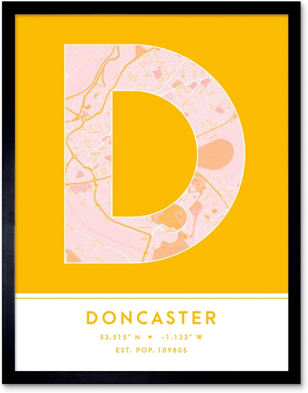 Wee Blue Coo Doncaster England United Kingdom City Map Yellow Colour Block Modern Typography Stylish Letter Framed Word Wall Art Print Poster for Home Décor CITYMAP1