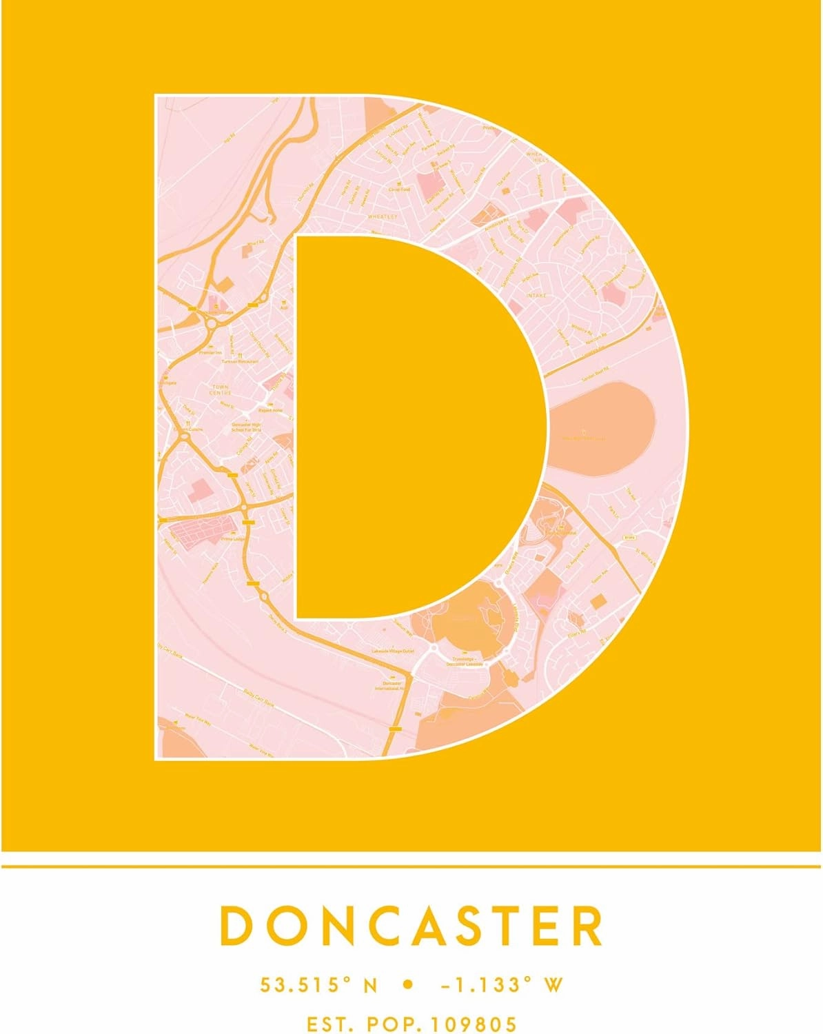 Wee Blue Coo Doncaster England United Kingdom City Map Yellow Colour Block Modern Typography Stylish Letter Unframed Word Wall Art Print Poster for Home Décor CITYMAP1