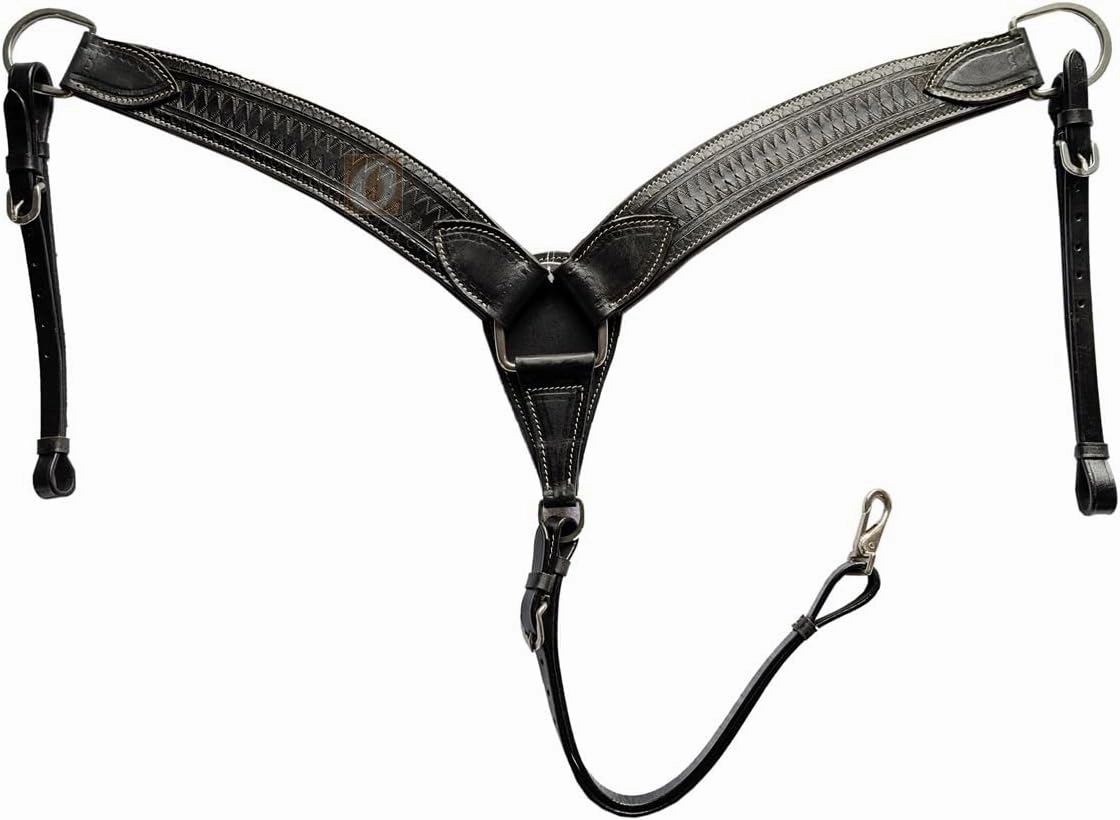 Western Breast Collar Roping Horse Barrel Racing Trail BREASTCOLLAR Tooled Leather Ranch Roping Working Breastplate | Horse Size (Black Spikes)
