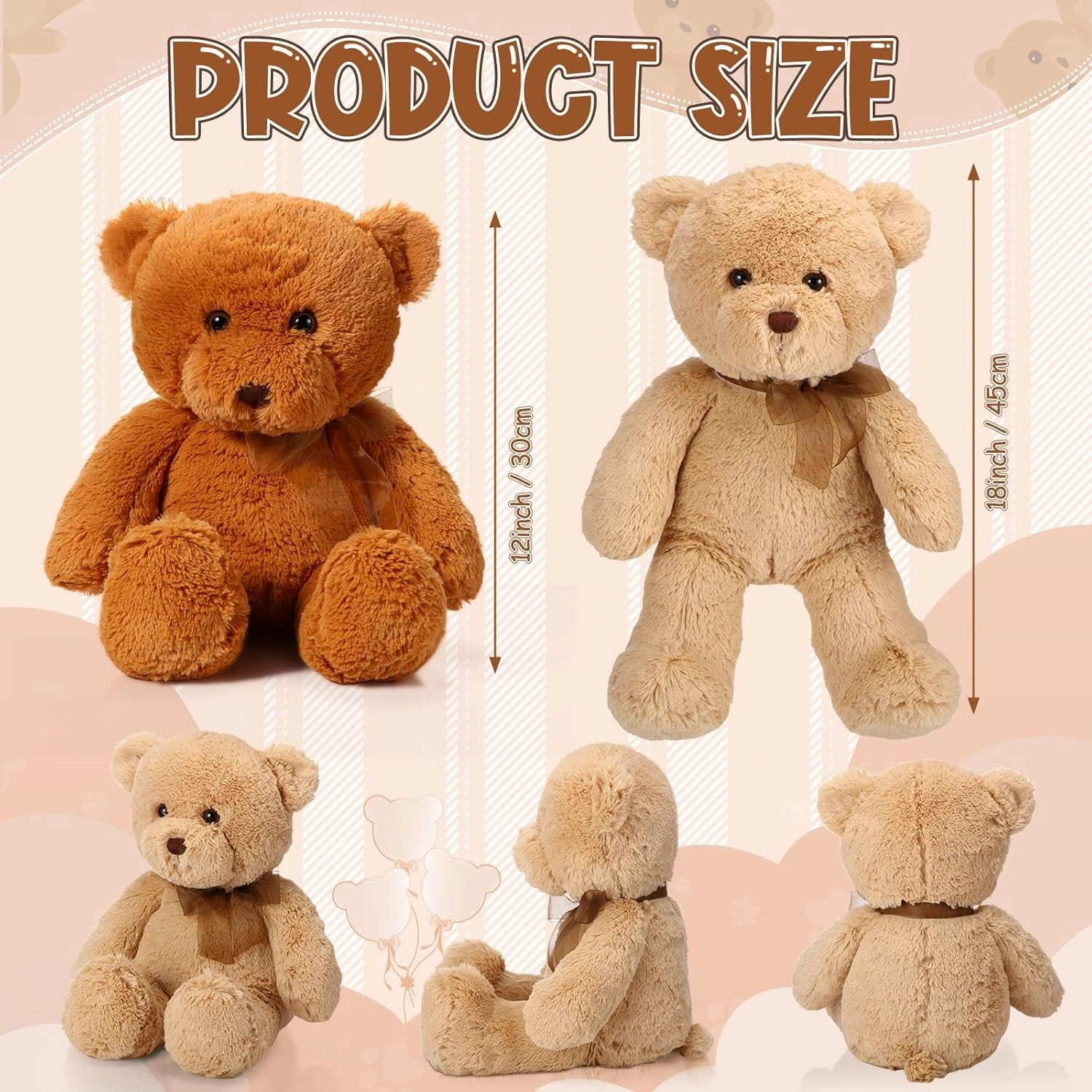 Wettarn 2 Pack Plush Bear Stuffed Animal 18 Inch Cuddly Stuffed Bears Plush with Bow for Kids Birthday Children's Day Baby Shower Party Favor Decors(Light Brown, Dark Brown)