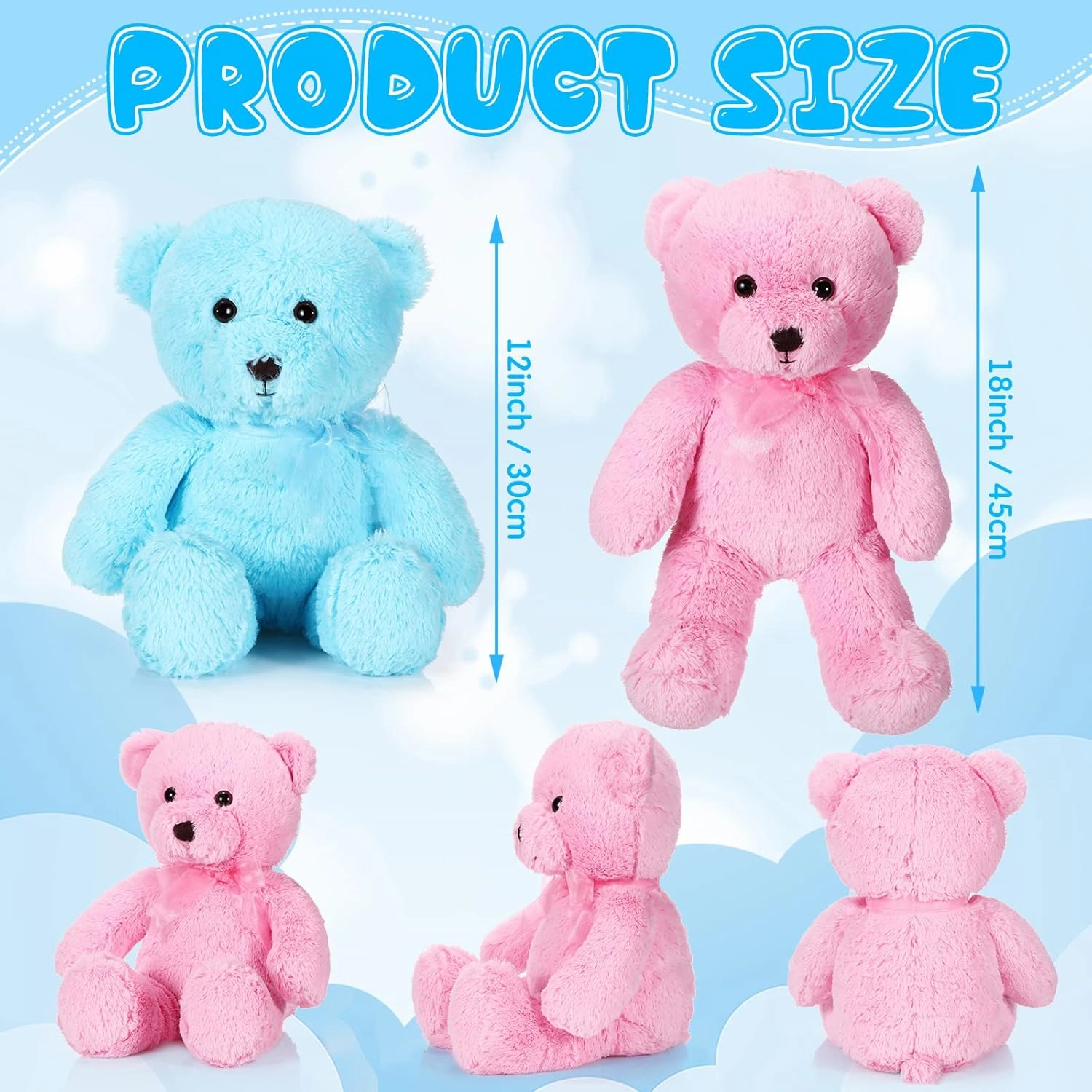 Wettarn 2 Pack Plush Bear Stuffed Animal 18 Inch Cuddly Stuffed Bears Plush with Bow for Kids Birthday Children's Day Baby Shower Party Favor Decors(Pink, Blue)