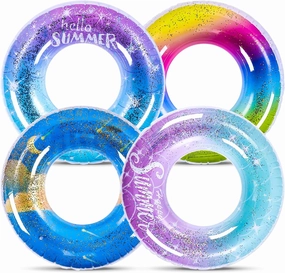 Wettarn 4 Pcs Rainbow Glitter Pool Float Inflatable for Kids Adults Rainbow Swimming Pool Rings Confetti Pool Tube Supplies for Summer Beach Outdoor Water Activities