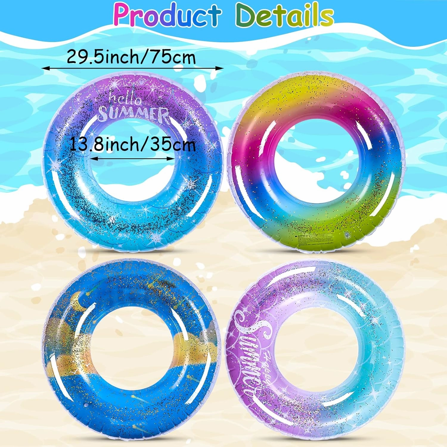 Wettarn 4 Pcs Rainbow Glitter Pool Float Inflatable for Kids Adults Rainbow Swimming Pool Rings Confetti Pool Tube Supplies for Summer Beach Outdoor Water Activities