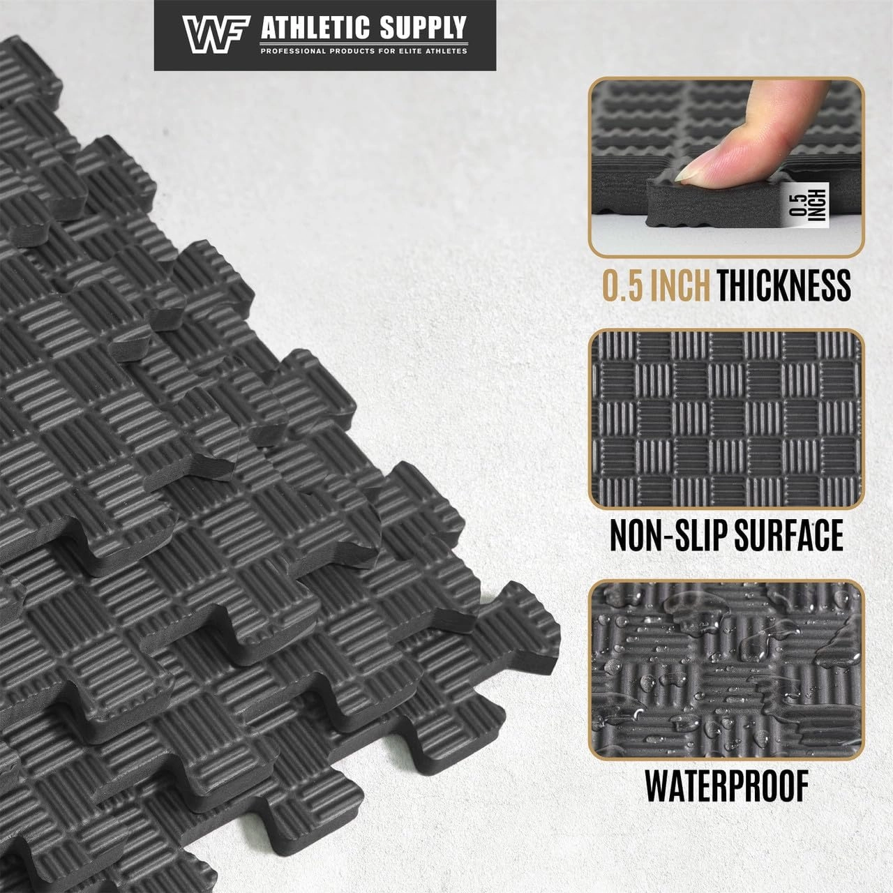 WF Athletic Supply Tatami Pattern 1/2-Inch Thickness Interlocking Exercise Foam Mats, Extra Thick Eva Foam Flooring Tiles, Gym Fitness Equipment Mat & Home Protective Flooring Cushion, Black & Blue