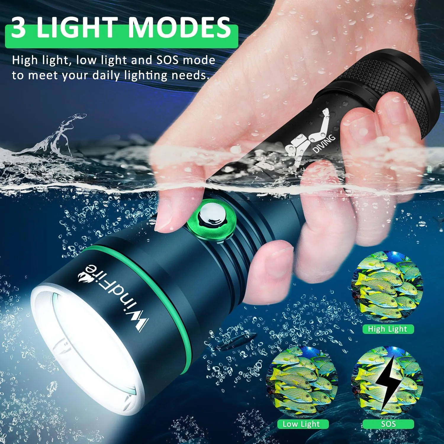 WINDFIRE Dive Lights Scuba Diving Flashlight, Scuba Dive Light Rechargeable, IPX8 Waterproof Flashlight Underwater Lights, 3 Modes Diving Torch with Power Indicator for Night Diving