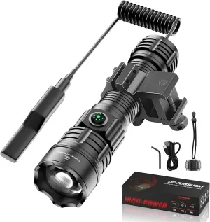 WINDFIRE Tactical Flashlight Rechargeable, Flashlight High Lumen with Picatinny Rails Mount and Pressure Switch, Zoomable 3 Modes Handheld Flash Light