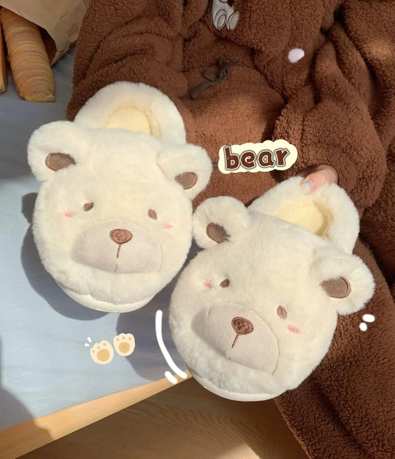 Winter home warm Baotou cotton slippers girl heart cute plush bear soft bottom slippers.