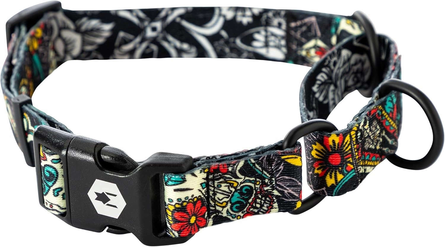 Wolfgang Heavy Duty Martingale Dog Collar with Quick Release Nylon Buckle for Walking & Training, LosMuertos Print, Extra Large