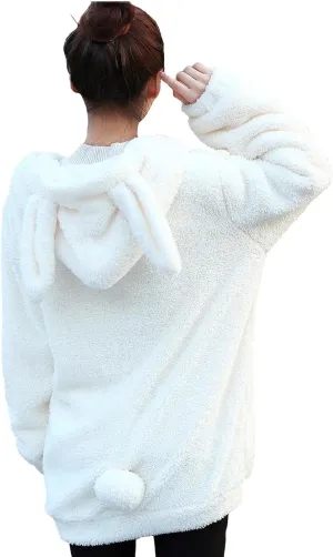 Women Fashion Bear Tail Hoodies,Fluffy 2-ply Sherpa Winter Rabbit Ear&Tail Hooded