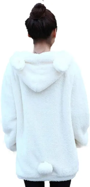 Women Fashion Bear Tail Hoodies,Fluffy 2-ply Sherpa Winter Rabbit Ear&Tail Hooded