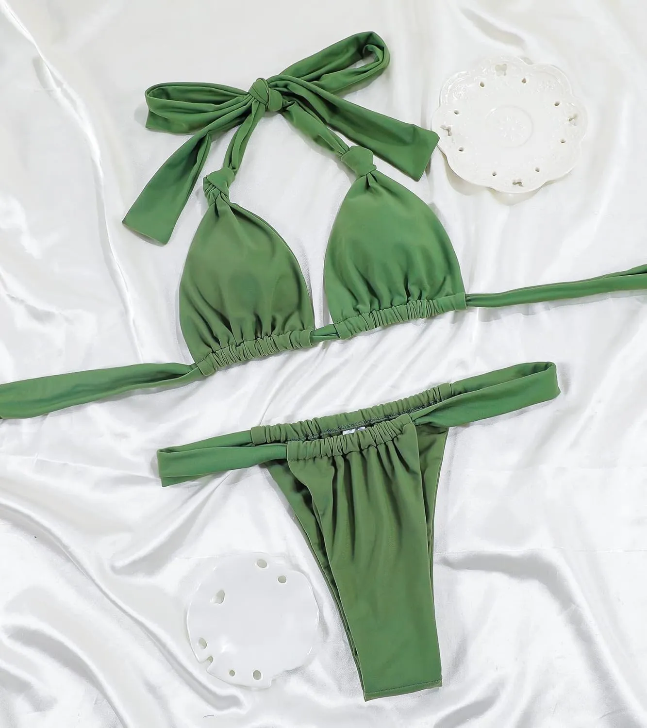 Women Thong Bikini Set Cheeky Halter Triangle String Two Piece Swimsuits Sexy Ruched Brazilian Bathing Suit