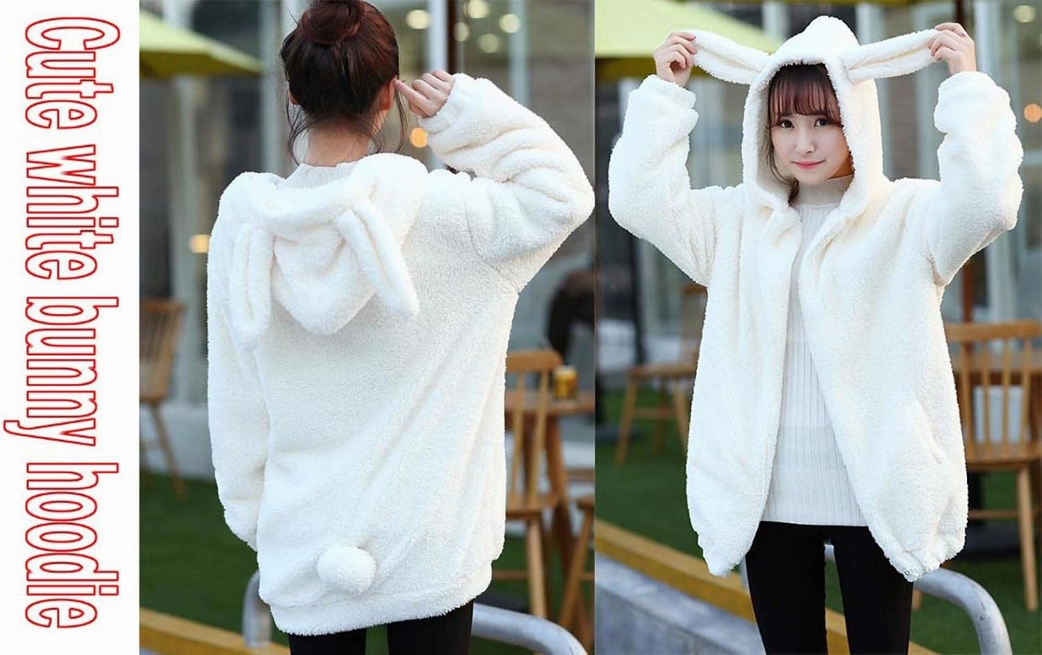 Women Fashion Bear Tail Hoodies,Fluffy 2-ply Sherpa Winter Rabbit Ear&Tail Hooded